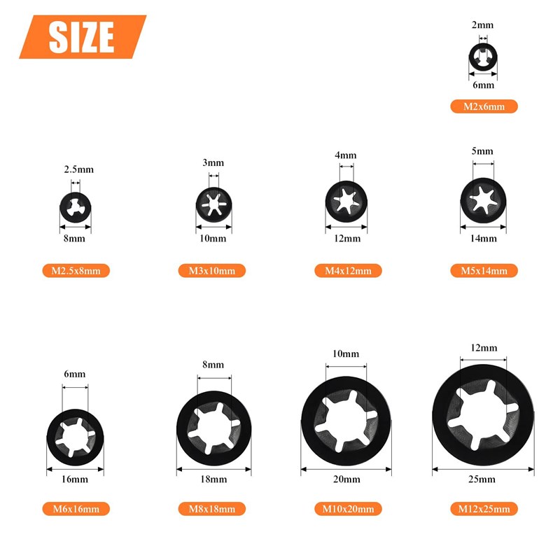 360pcs梅花轴承夹垫圈套装M2M2.5M3M4FM5M6M8-M12梅花垫片星形垫