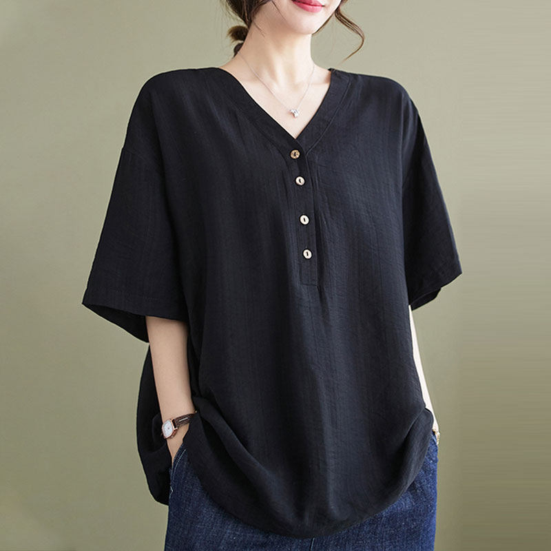 胖mm宽松遮肚子短袖t恤复古棉麻V领衬衫大码女装夏季新款休闲纯色