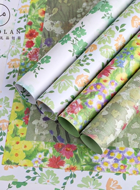 春日新款绿色系碎花包装纸油菜花包花牛皮纸鲜花包装纸花店材料