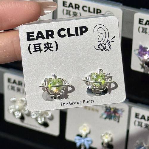 青苹果星球耳钉女小众设计感清新绿色苹果造型耳夹甜酷少女百搭