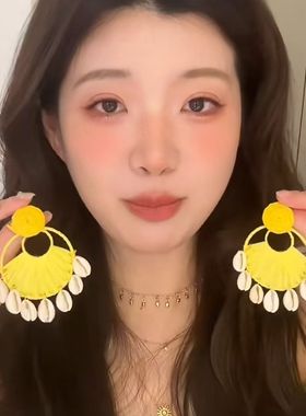 黄色草编太阳花朵贝壳耳环女2025新款夸张耳钉海边度假风独特耳饰