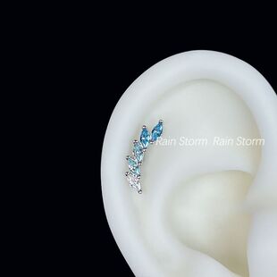 Rain Storm超闪蓝白渐变菱形耳骨钉平底排钻耳钉小众独特耳饰