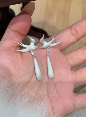 立体拉丝银色燕子水滴耳钉新中式轻奢精致高级气质超仙耳环耳饰女