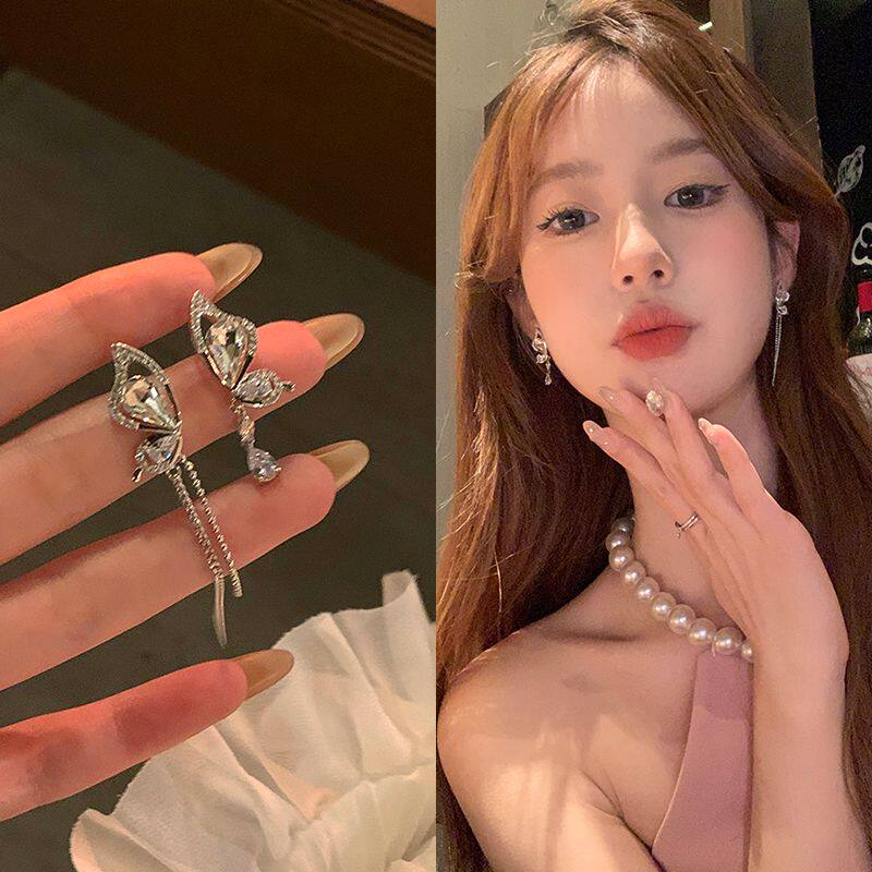 【蜜桃茶】珐琅千金 不对称蝴蝶耳钉小众设计感高级流苏耳环耳饰