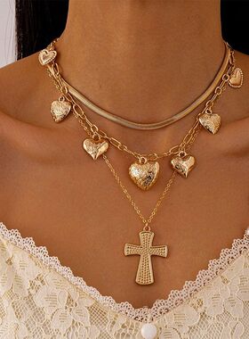 欧美金属爱心十字架多层项链个性夸张小众时尚气质高级感项饰女