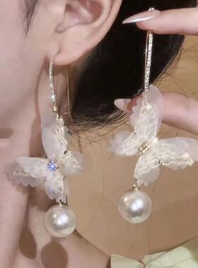 蝴蝶网纱吊坠耳环2024新款爆款高级感耳钉轻奢小众耳钩耳饰女