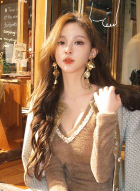 金色花朵流苏耳环长款夸张高级感方圆脸耳钉2024新款气质轻奢耳饰