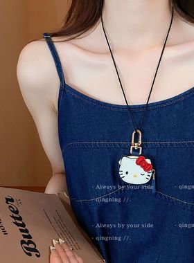甜美可爱卡通凯蒂猫皮质钥匙扣长款项链女挂件颈链挂饰挂脖配饰