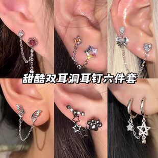 甜酷双耳洞耳钉小众链条耳环一体式耳链耳蜗钉辣妹新款耳骨钉