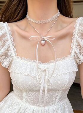 【蕾丝草莓】甜妹蝴蝶结蕾丝颈带草莓吊坠双层项链女生甜美choker