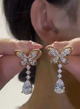 蝴蝶耳环女2024新款气质水滴流苏耳坠轻奢小众设计感耳钉