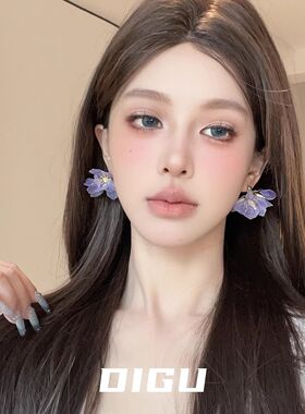 温柔海边度假风紫色花朵无耳洞耳夹甜美粉色网纱花瓣耳钉夏季耳饰
