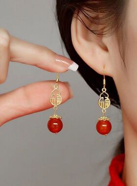 2024新款新中式仿玛瑙石福葫芦女马面裙旗袍耳环耳夹红色结婚耳饰