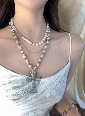 【蜜桃茶】巴洛克公主 重工珍珠十字架项链长款双层叠戴夸张颈链