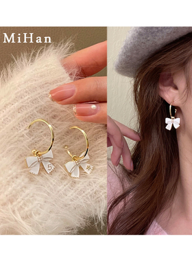 S925银针日韩国仙气白色蝴蝶结耳环个性C字耳圈甜美淑女耳饰4748