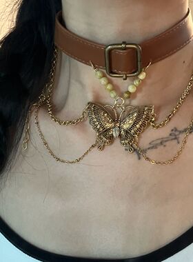 复古辣妹金色蝴蝶流苏颈环choker皮革棕色中古项链颈带美拉德配饰