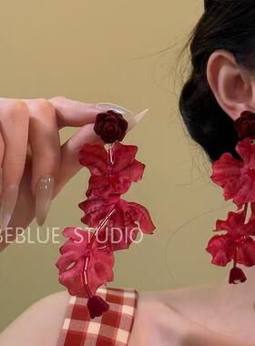 赤玫灼华~氛围感红色玫瑰长款耳钉夸张度假风海边拍照耳环耳饰女