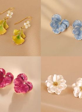 银芭桑秋日黄色银杏叶耳环高级感小众文艺耳坠古风配旗袍花朵耳饰