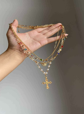 复古巴洛克原创风双层叠十字架项链多层欧美高级设计轻奢锁骨颈链