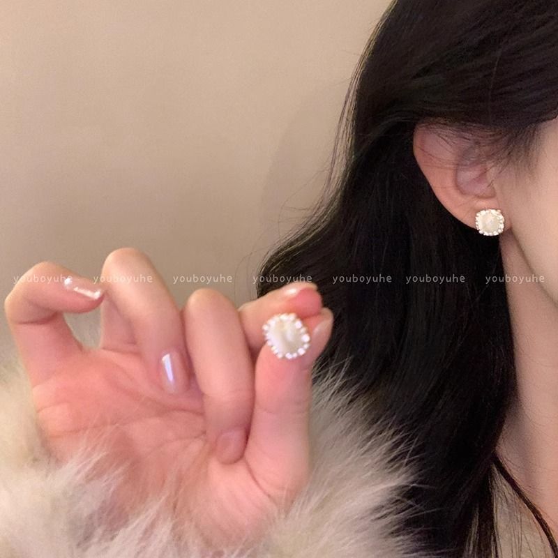 小方糖猫眼石珍珠耳钉女