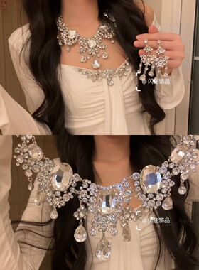 重工爆闪满钻水滴项链耳环套装2026新款轻奢高级感宴会晚礼服配饰