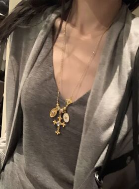 复古超闪十字架鸢尾项链女小众轻奢高级锁骨链中古vintage颈链