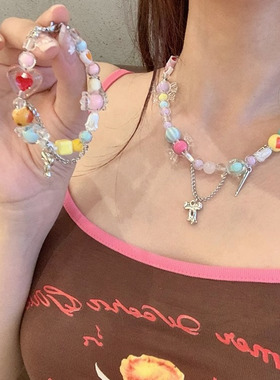 糖果盛宴多巴胺项链彩色串珠锁骨链少女心甜美颈链小众爱心饰品夏