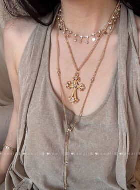 Vintage古着叠戴十字架项链重工甜酷辣妹毛衣链小众夸张流苏颈链