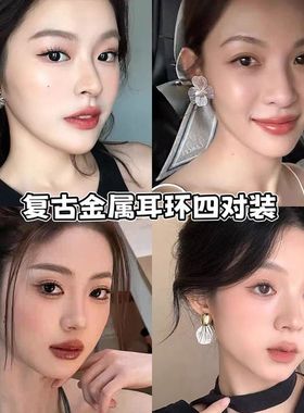 肌理感金属花朵耳钉轻奢高级感黑色珍珠耳环2025新款爆款复古耳饰