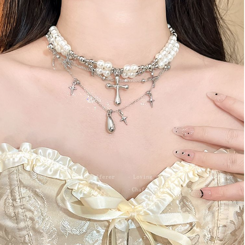 属于自己的大秀!双层珍珠十字架项链女款哥特风锁骨链choker项圈