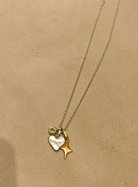 可拆卸日系简约版银色爱心金星芒绿超闪吊坠项链锁骨链