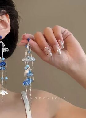 法式轻奢流苏花朵耳环超仙蓝色清新气质耳坠小众春夏海边长款耳钉