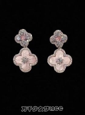 Vintage古着 Pink 粉色绮梦花朵锆石耳钉