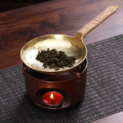 高档侧把黄铜烤茶盘茶叶提香器焙茶器小型烤盘可明火电陶炉加热