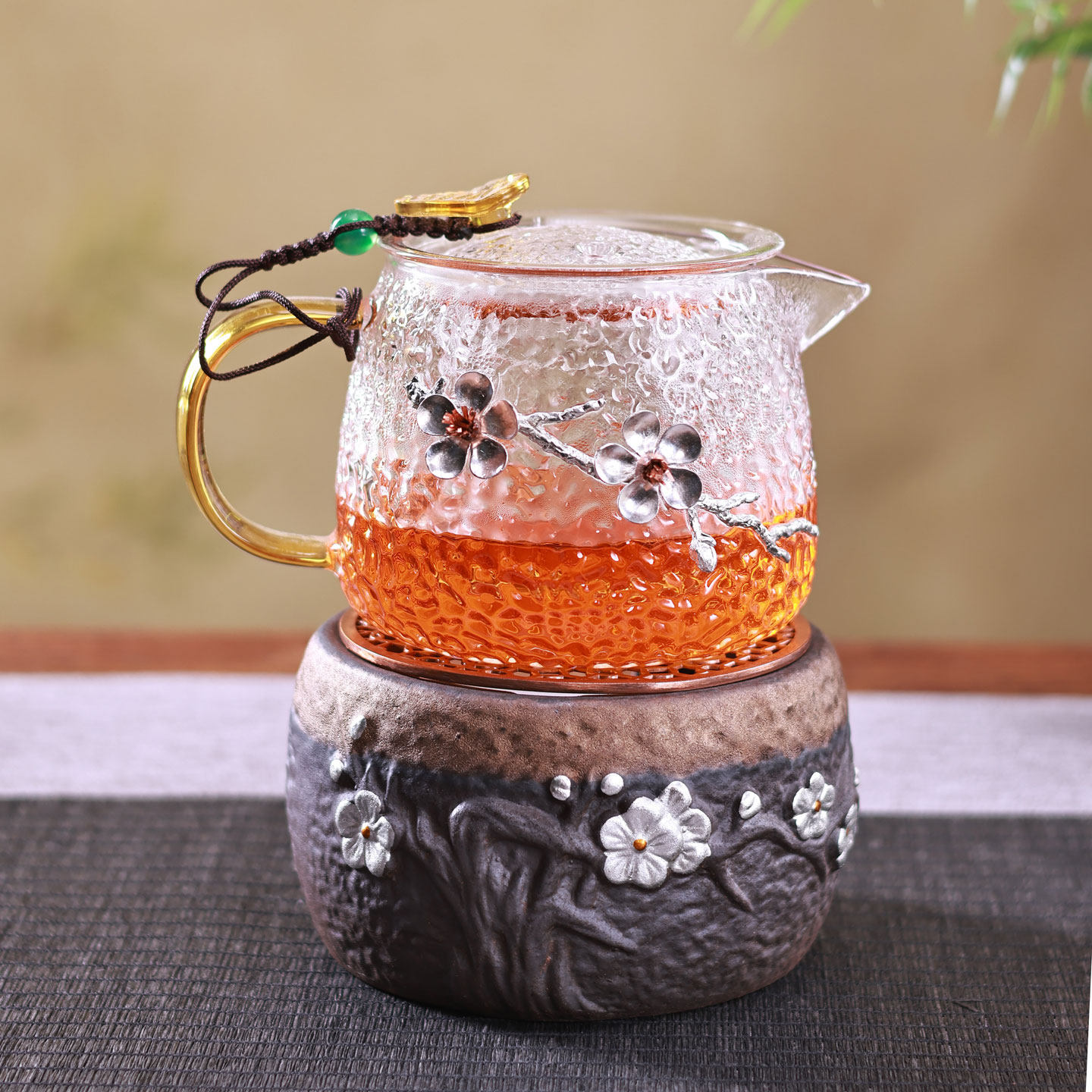 2026温茶套装新款锡梅花玻璃锤纹茶壶耐高温泡茶壶可加热温茶器