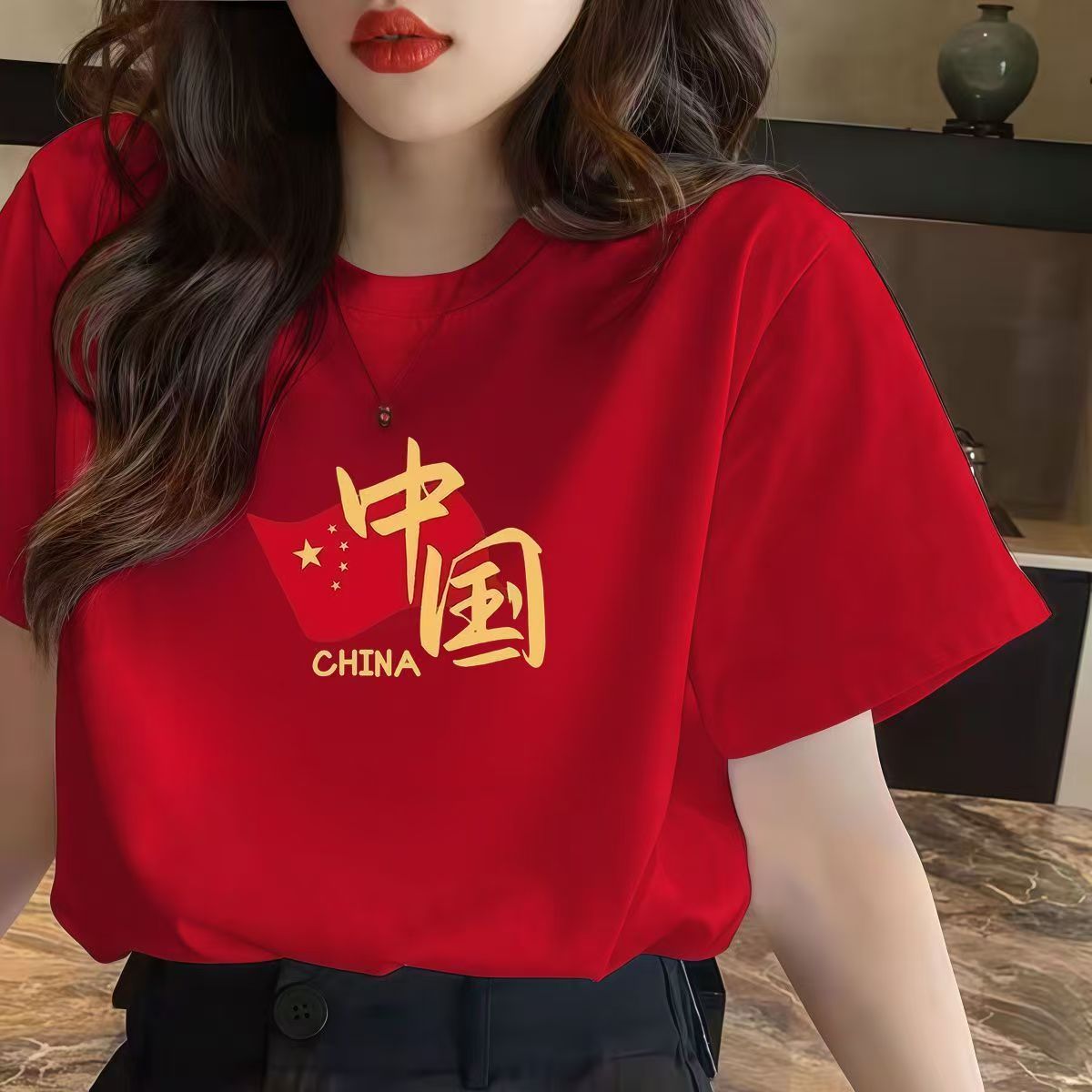 中国国旗印花纯棉短袖T恤国庆合T恤