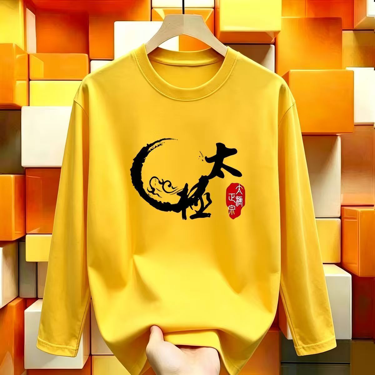 中老年太极大图长袖t恤社团队练功服男女纯棉武术晨练圆领文化衫