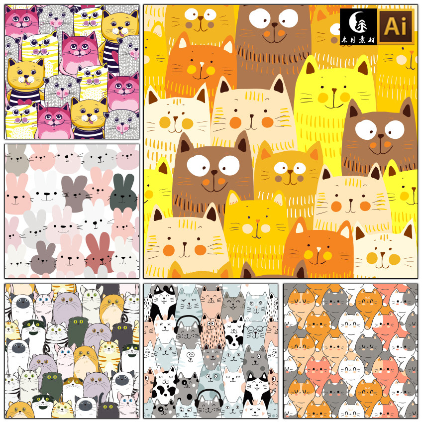 卡通可爱挤在一起的猫咪动物四方无缝链接印花矢量图片设计素材