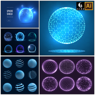 三维立体点和线描圆球科学数据粒子球体数字技术矢量图片设计素材