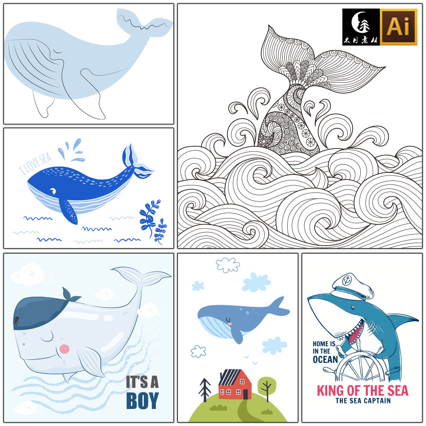 卡通可爱线条线描花纹鲸鱼鲨鱼素材儿童装饰画矢量图片设计素材