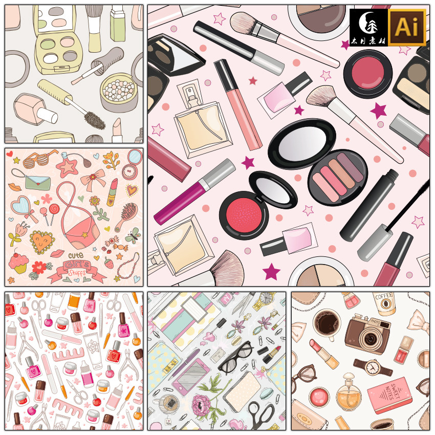 时尚女性美容化妆品四方无缝连接印花包装图案矢量图片设计素材