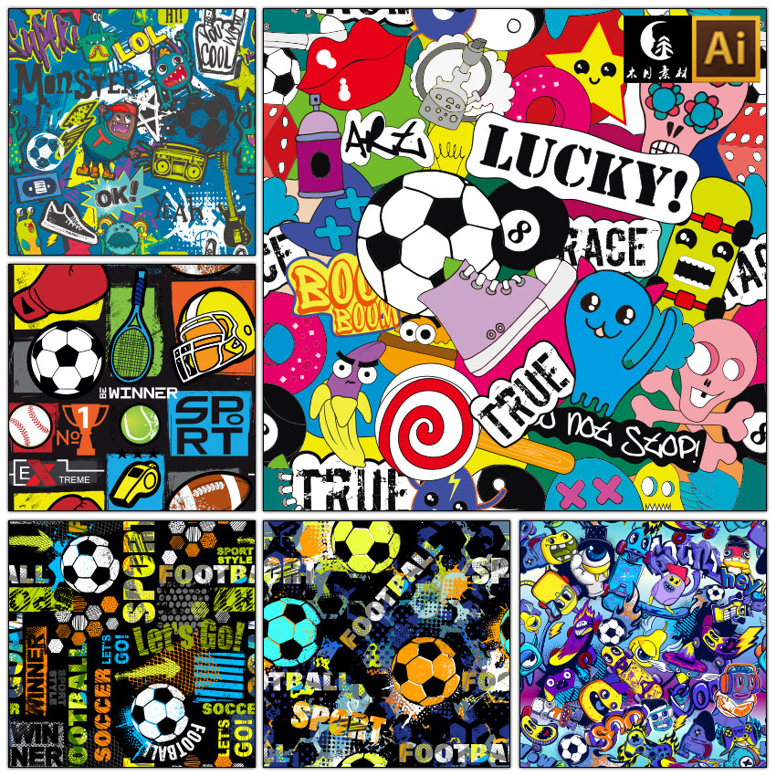 抽象涂鸦体育足球四方无缝链接壁纸背景矢量图片设计素材