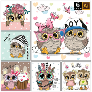 卡通可爱猫头鹰小鸟动物插画服装印花图案装饰画矢量图片设计素材