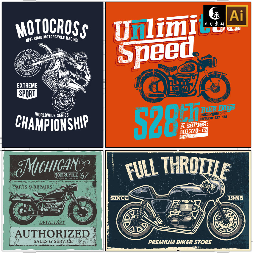 复古怀旧摩托车机车海报装饰画t恤印花图案矢量图片设计素材