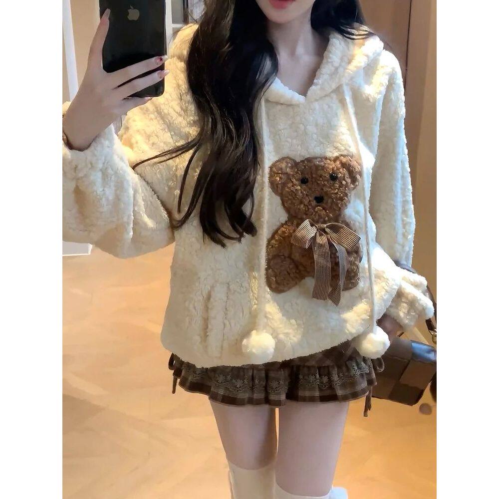 饼干小熊 冬装新款甜美风加厚连帽卫衣外套学院风蛋糕短裙两件套