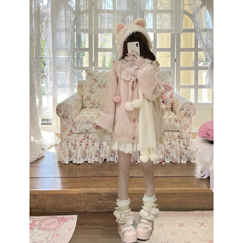 【软软】毛茸茸古着感日系软糯针织开衫粉色短款半身裙甜美套装