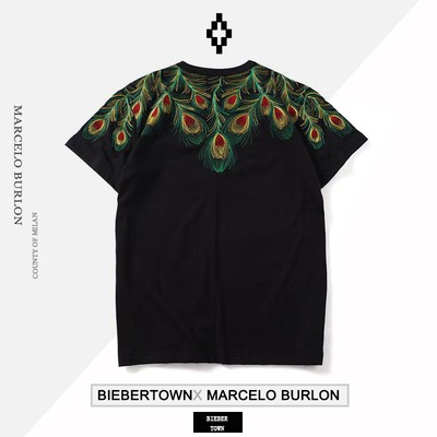 潮牌正品 Marcelo Burlon马塞洛布隆MB刺绣孔雀羽毛翅膀短袖T恤男
