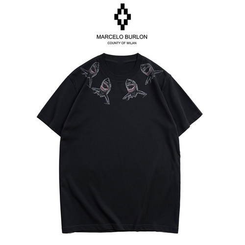 正品 Marcelo Burlon马塞洛布隆MB翅膀鲨鱼印花宽松短袖T恤男女款