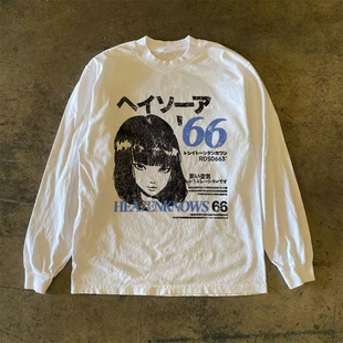 300克重磅!美式高街漫画女孩印花纯棉长袖T恤情侣上衣圆领新款男