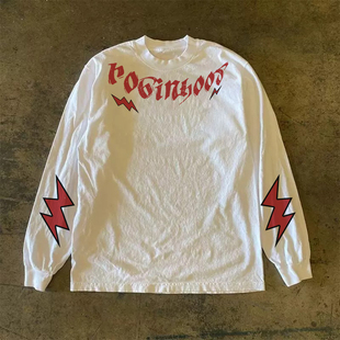 休闲宽松男女上衣情侣款 闪电字母印花落肩T恤长袖 美式 300克重磅